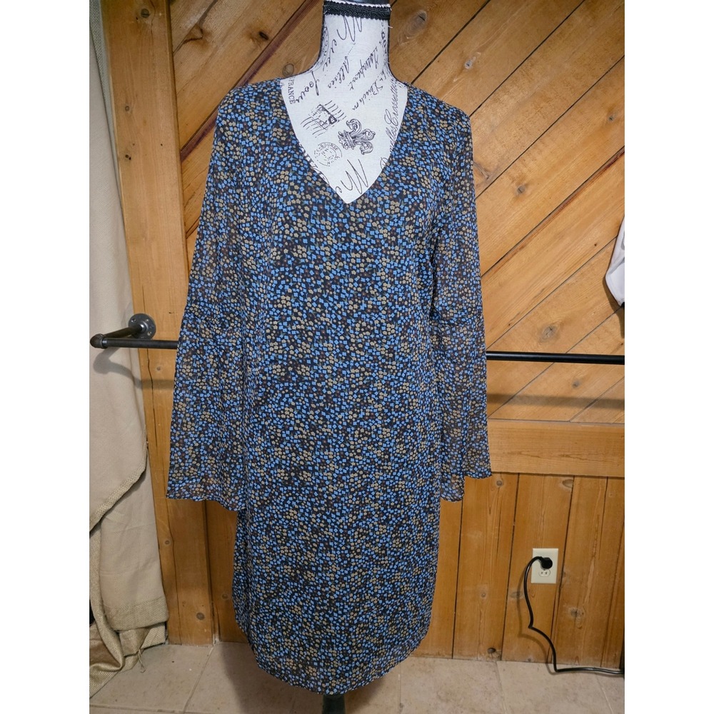 CAbi Womens Blue Floral V-Neck Long Bell Sleeve Dress Ditsy Print Mini Dress